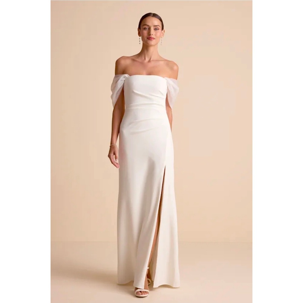 Lulus Trynn White Off-the-Shoulder Column Maxi Dress Ruched Crepe Gown Size S